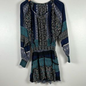 Ramy Brook BOHO Dress Balloon long Sleeves Black/Blue/Aqua Sz S 100 % silk lined